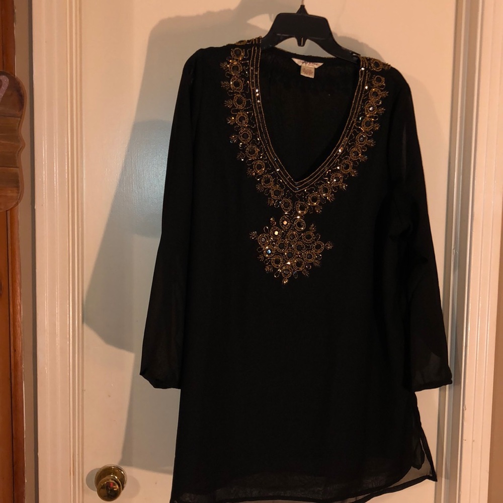 Black tunic style blouse embellished w/ gold